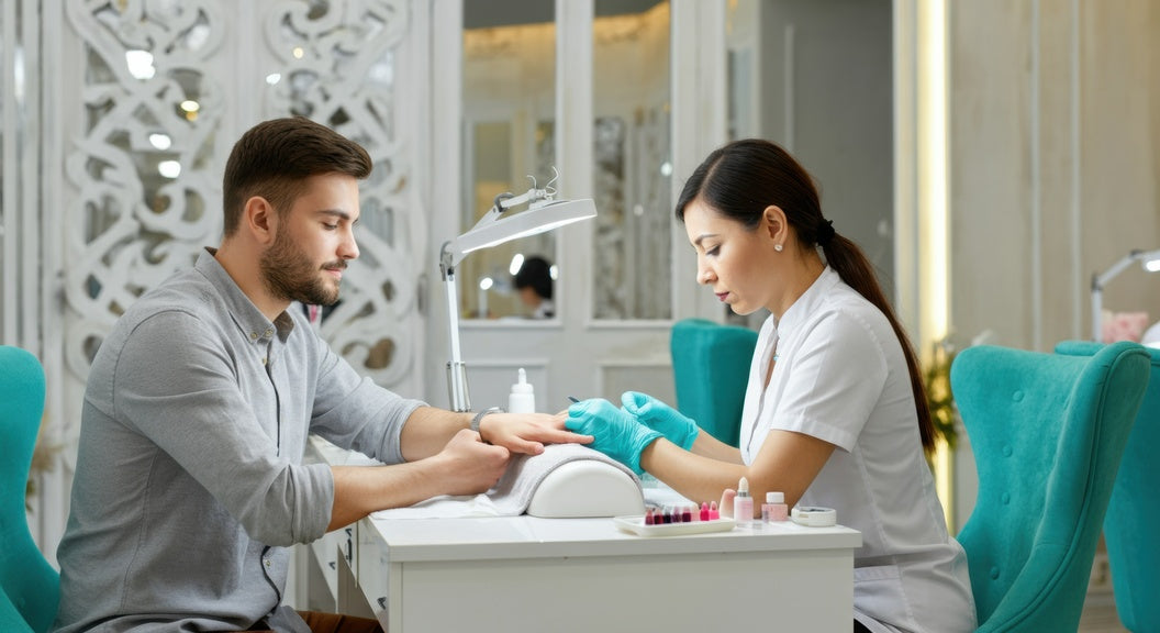 man in nail salon getting manicure