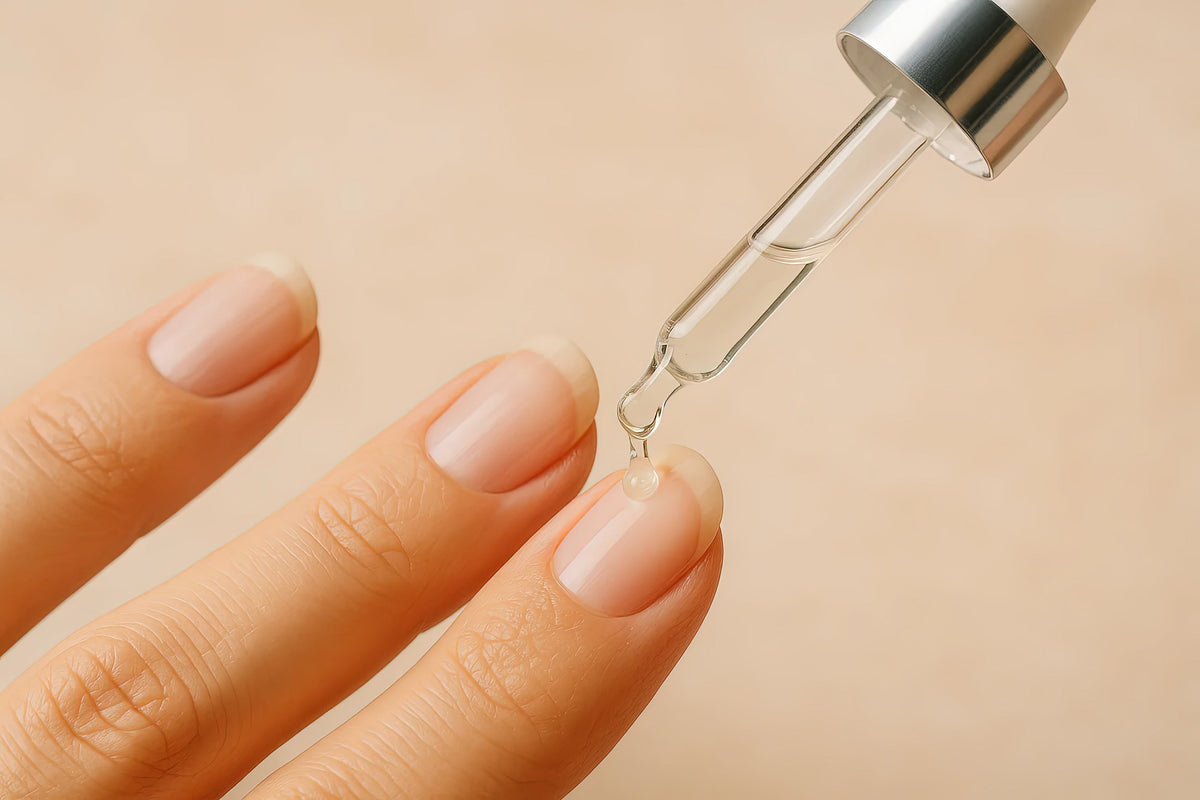 Dropper applying cuticle oil to natural, healthy fingernails.