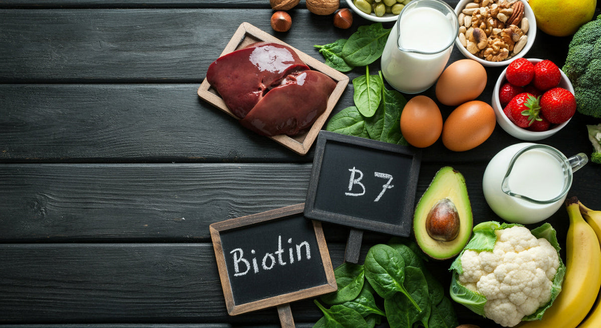 fruit and vegetables with a sign that says Biotin & B7