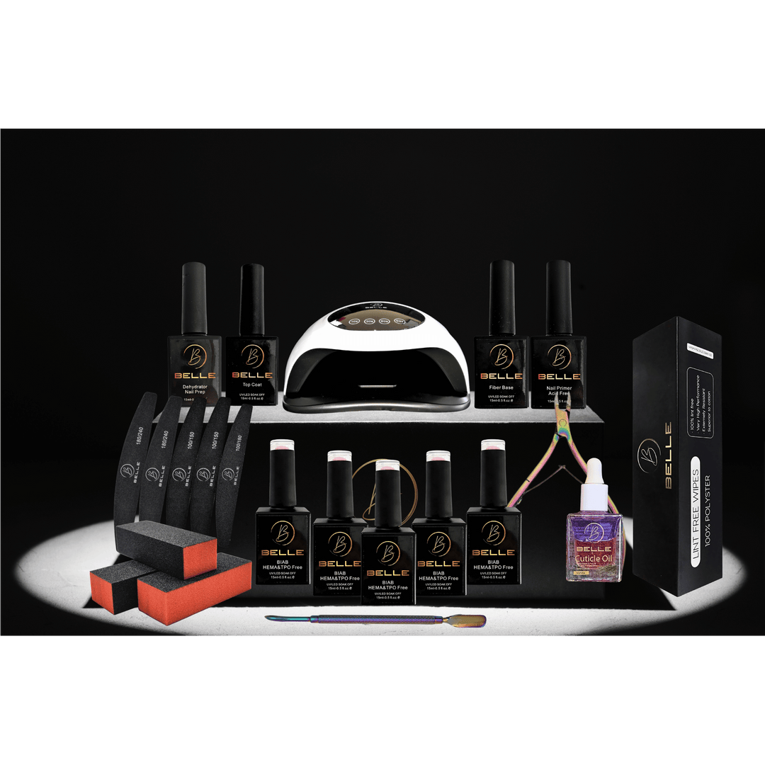 Belle Beauty BIAB kit with 180W lamp, shades, prep and tools laid out