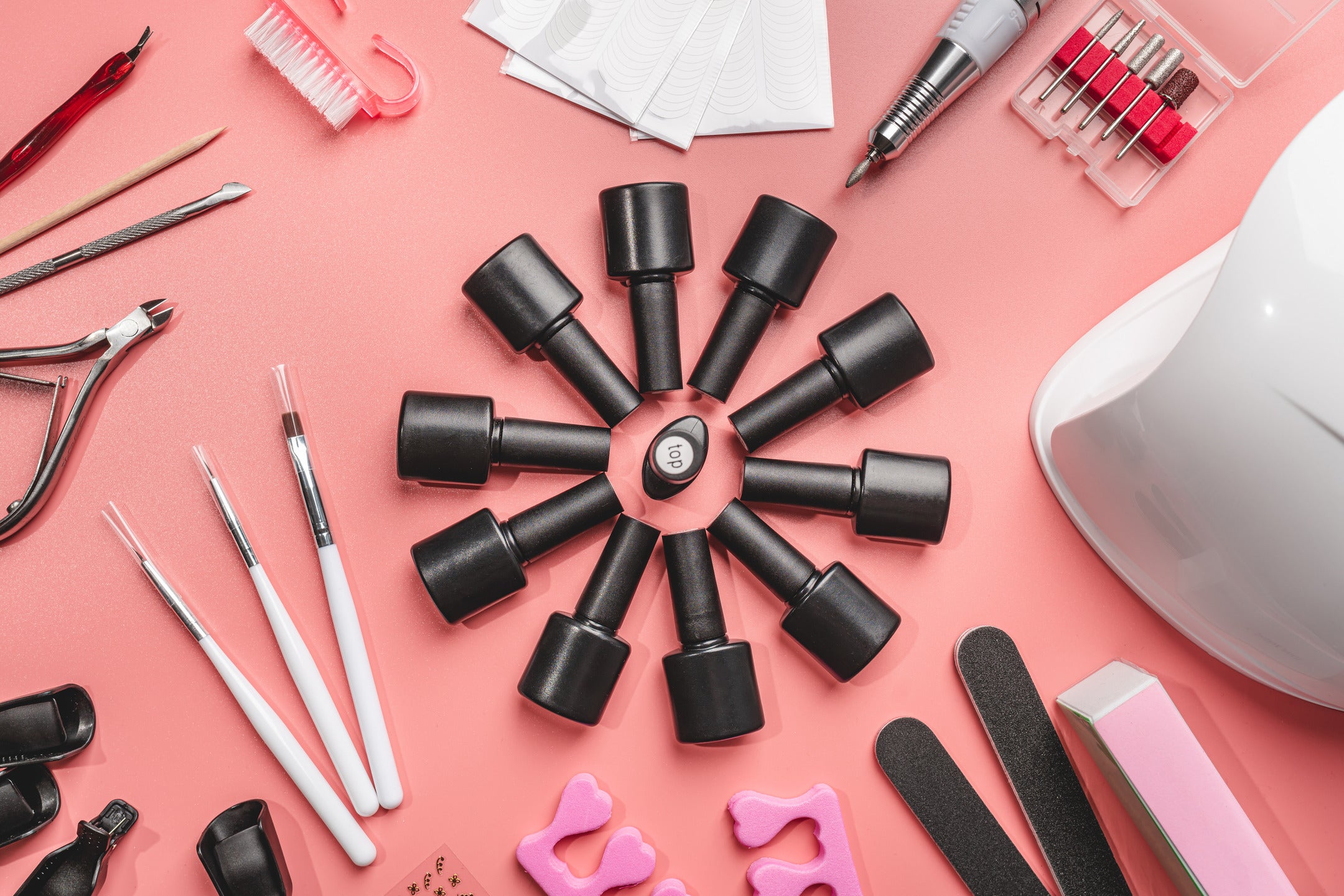 Selection of nail products on a nail station
