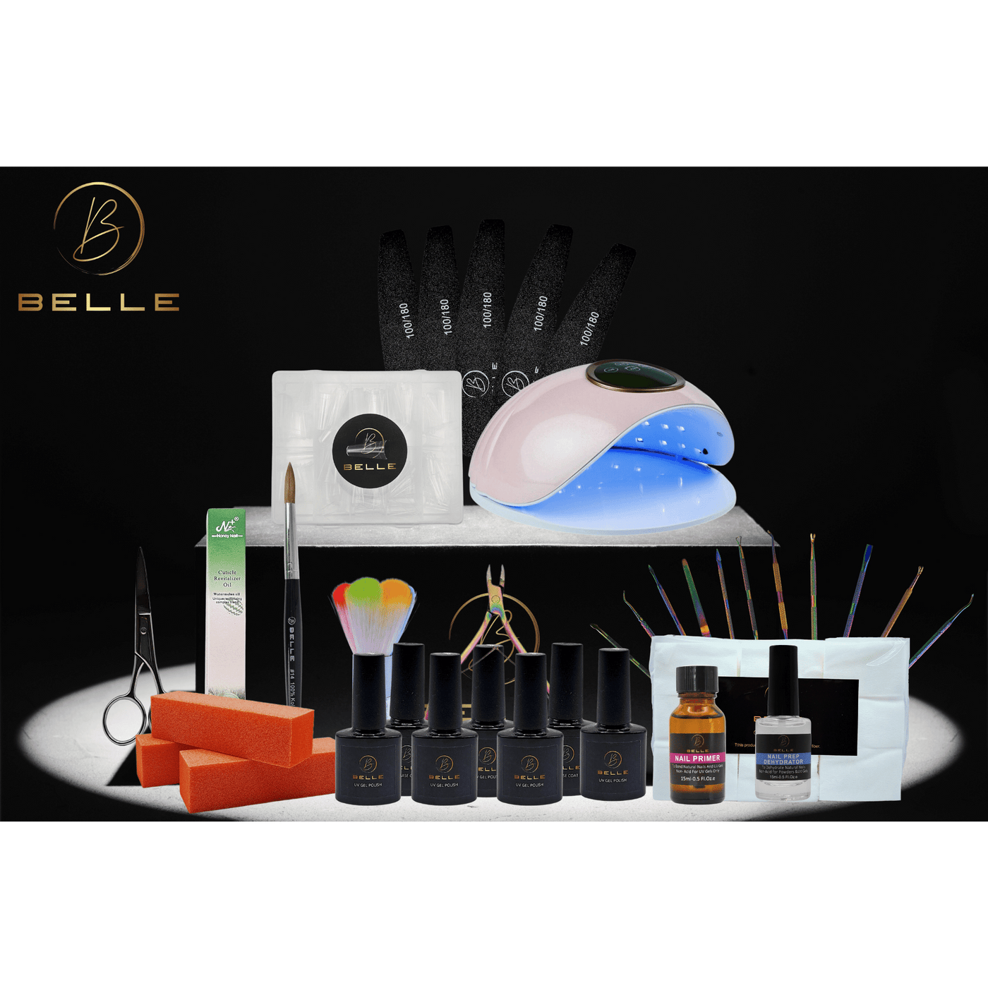 Belle Beauty beginner nail kit on a black background