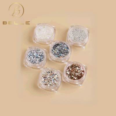 Belle Beauty collection of six nail art glitters. 
