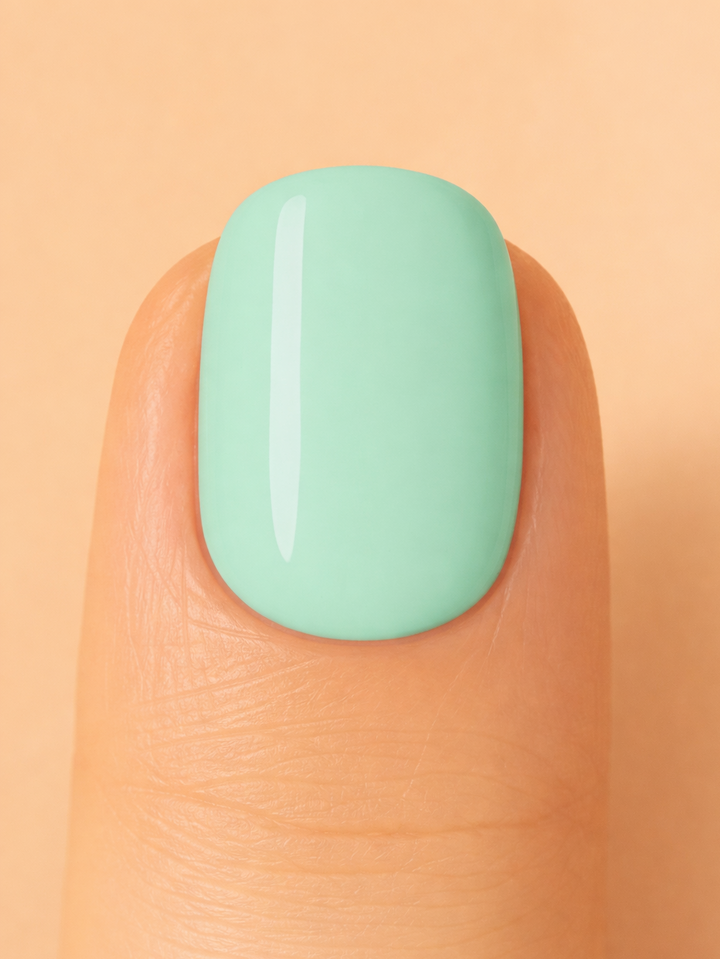 Light Green nail colour on nail with beige background