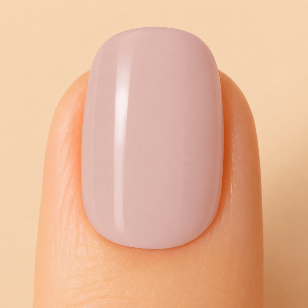 A close-up of a fingernail with a smooth, glossy, dusty mauve manicure against a solid beige background.