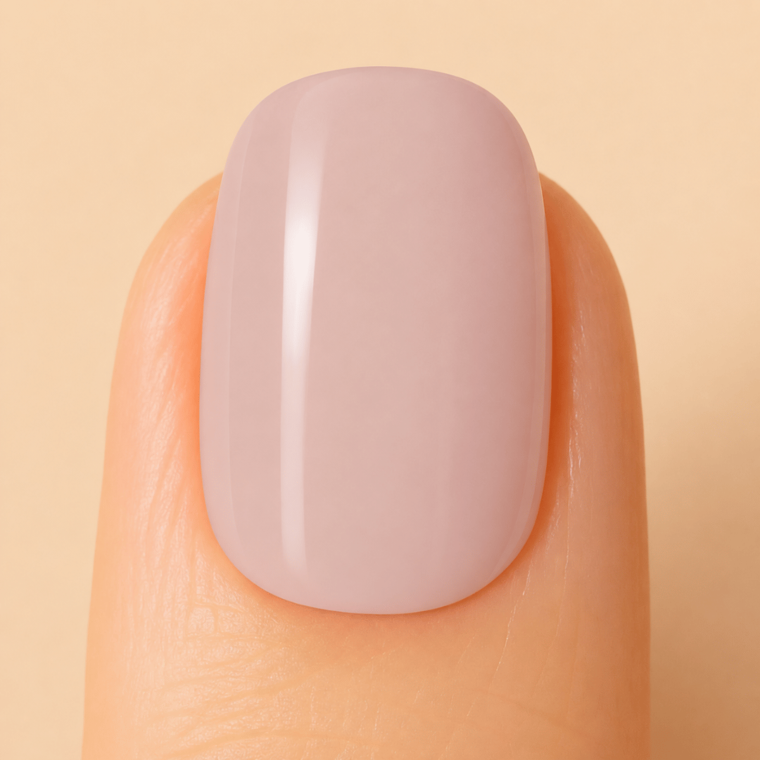 A close-up of a fingernail with a smooth, glossy, dusty mauve manicure against a solid beige background.