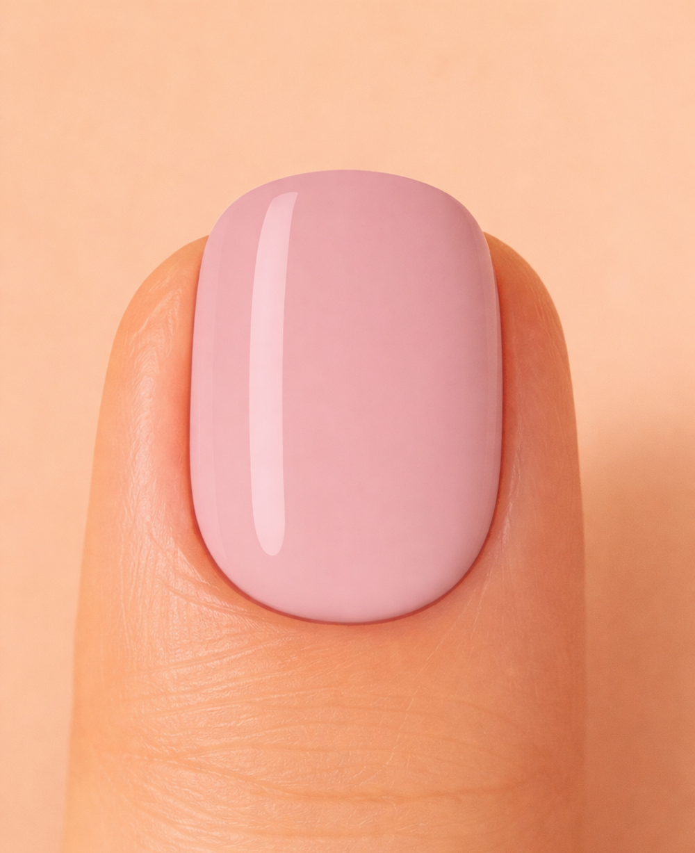 Close-up of a nude pink nail on a peach-coloured background