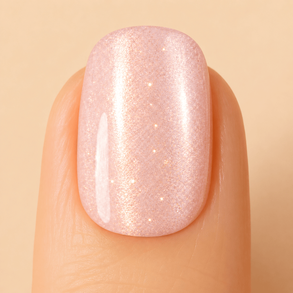 Pink Prosecco nail polish applied to a nail against a background.